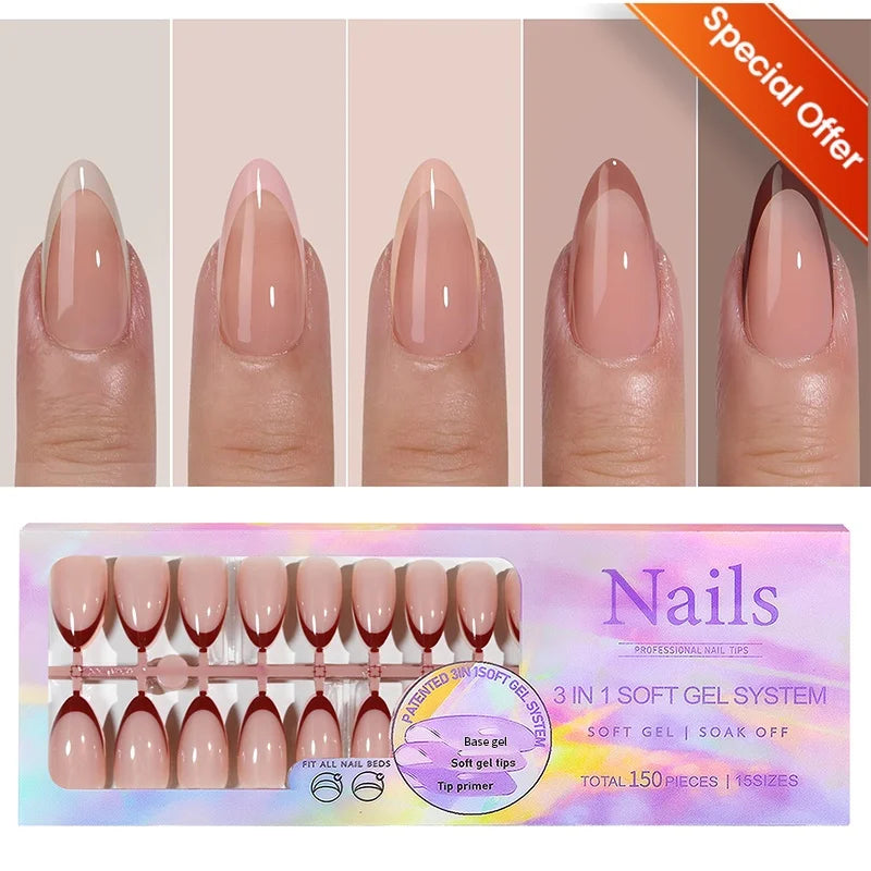 150pcs French Tip Press-On Nails 5 Colors Medium Length Square Shape With Glossy Finish False Nails Full Cover Shaped Fake Nail