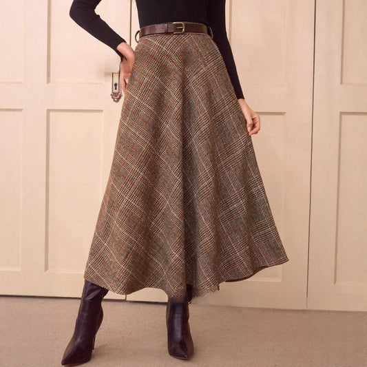 Elegant Retro Women's High Waist Plaid Ribbon Pocket Casual Skirt