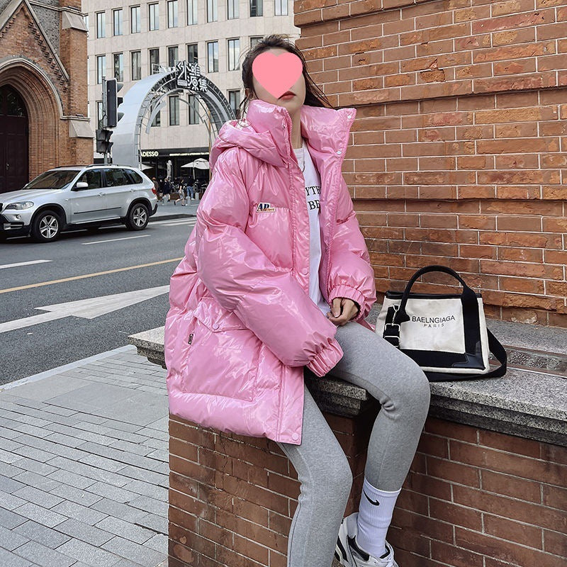 Pink Glossy Down Cotton-padded Jacket Women's Mid-length