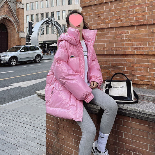 Pink Glossy Down Cotton-padded Jacket Women's Mid-length
