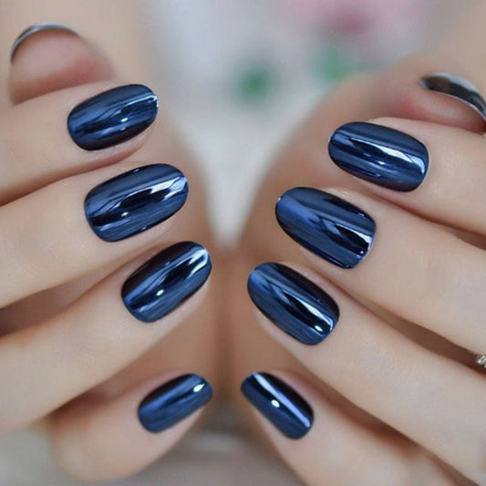 Wearable Blue Chrome Metallic Fake Nails