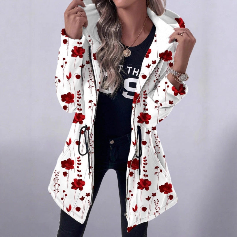 Mid-length Zipper Printed Hooded Long Sleeve Coat