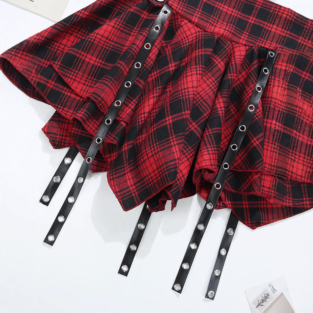 Irregular Red Plaid Pleated Skirt Exposure-proof Skirt