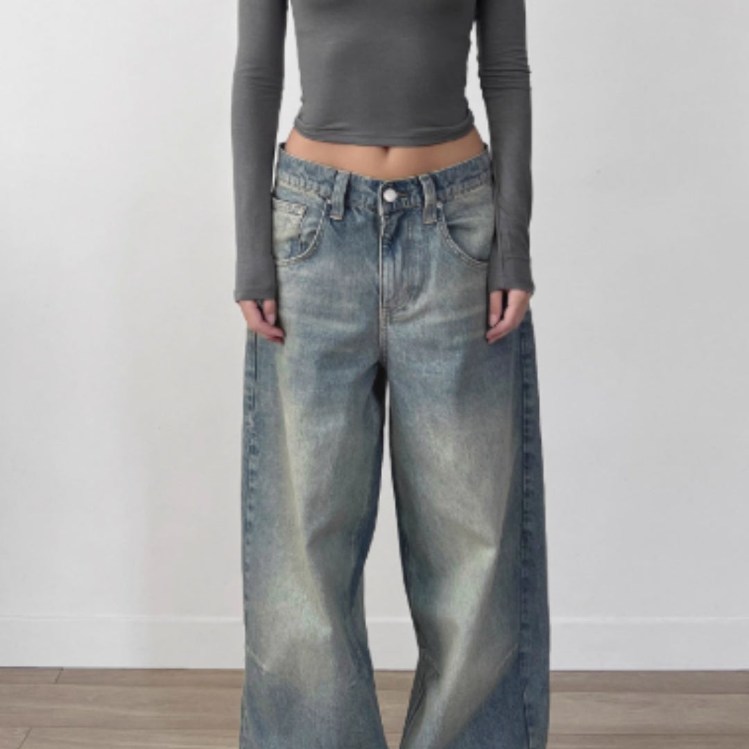 High Street Retro Drape Loose Jeans Women's Washed