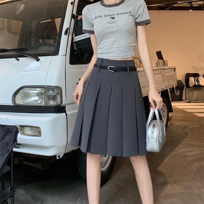 Large Size Gray Skirt Women's High Waist Slimming Line Skirt