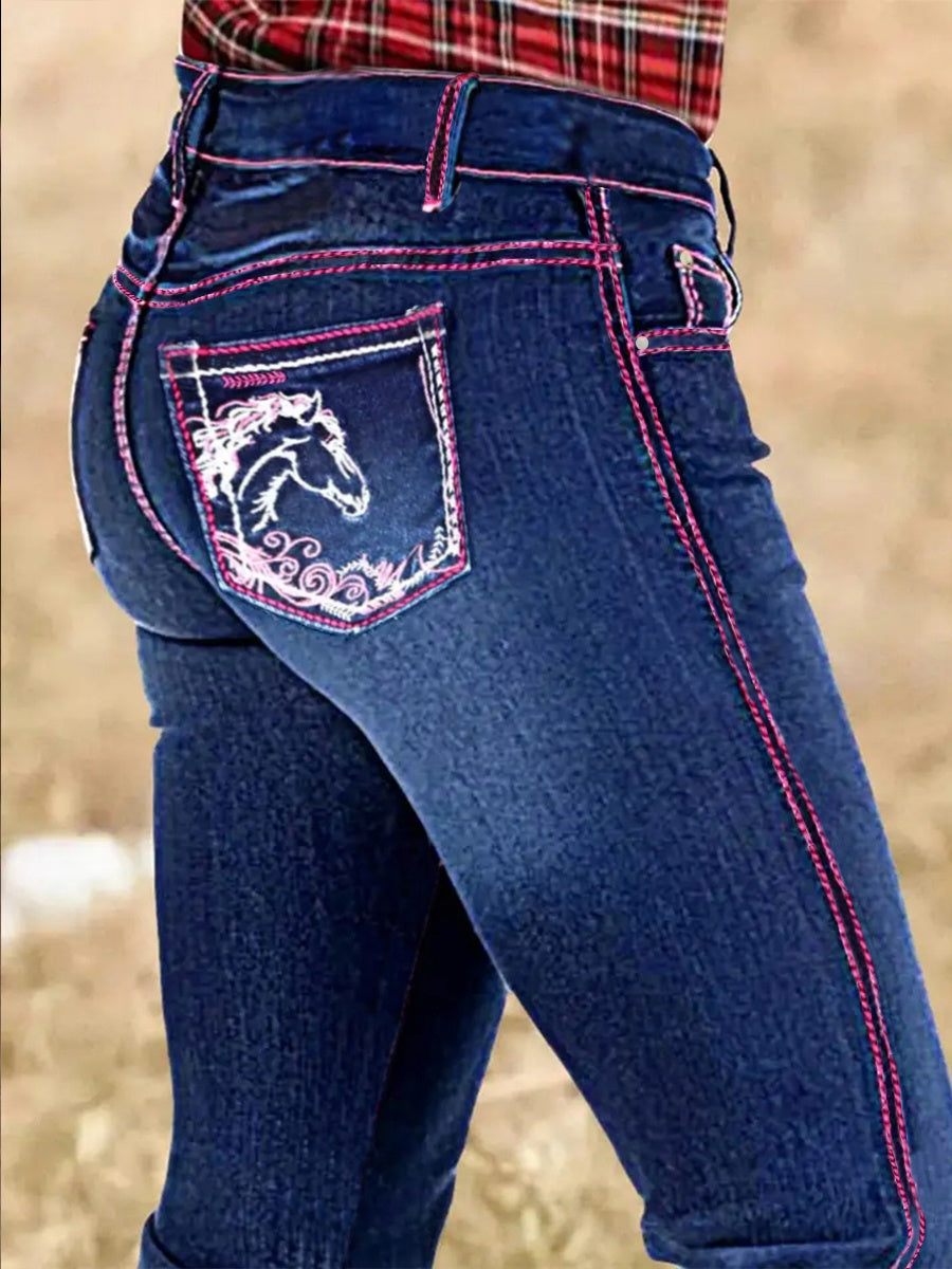 Women's Western Bootcut Jeans With Horse Embroidery, Mid-Rise Stretch Denim With Pink Contrast Stitching, Cowgirl Rodeo Style