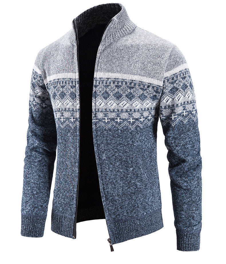 Velvet Thickening Sweater Men's Stand Collar Assorted Colors Retro Jacquard Knitted Cardigan