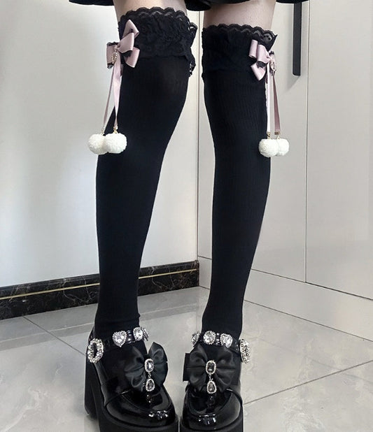 Cute Fluffy Pompom Bow Winter Crew Socks