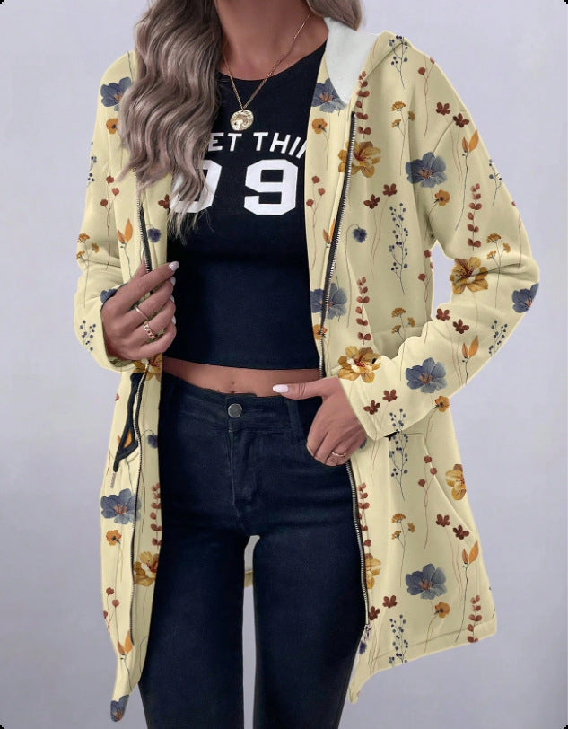 Mid-length Zipper Printed Hooded Long Sleeve Coat