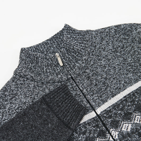 Velvet Thickening Sweater Men's Stand Collar Assorted Colors Retro Jacquard Knitted Cardigan