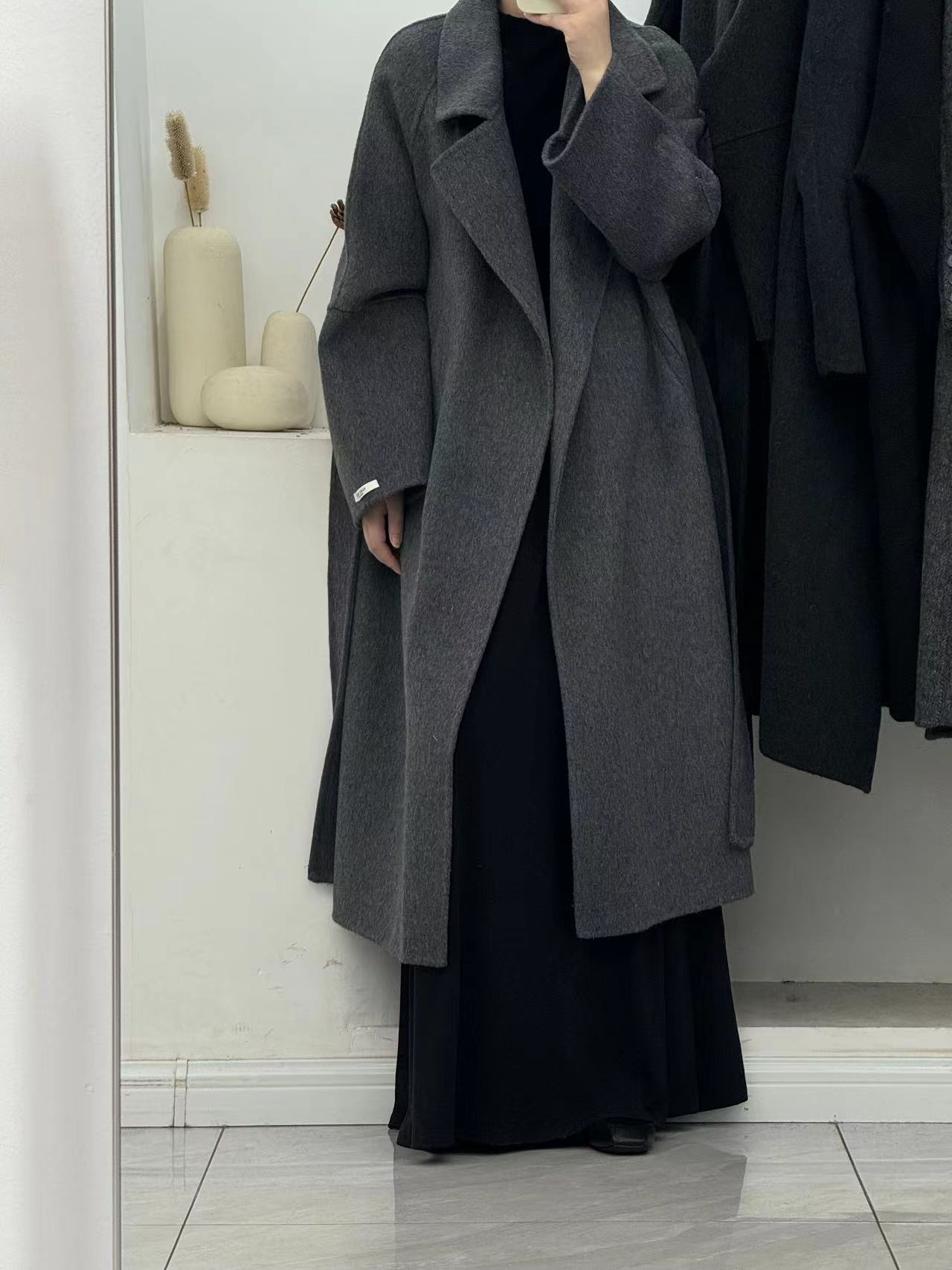 Elegant Tie-Waist Woolen Outerwear