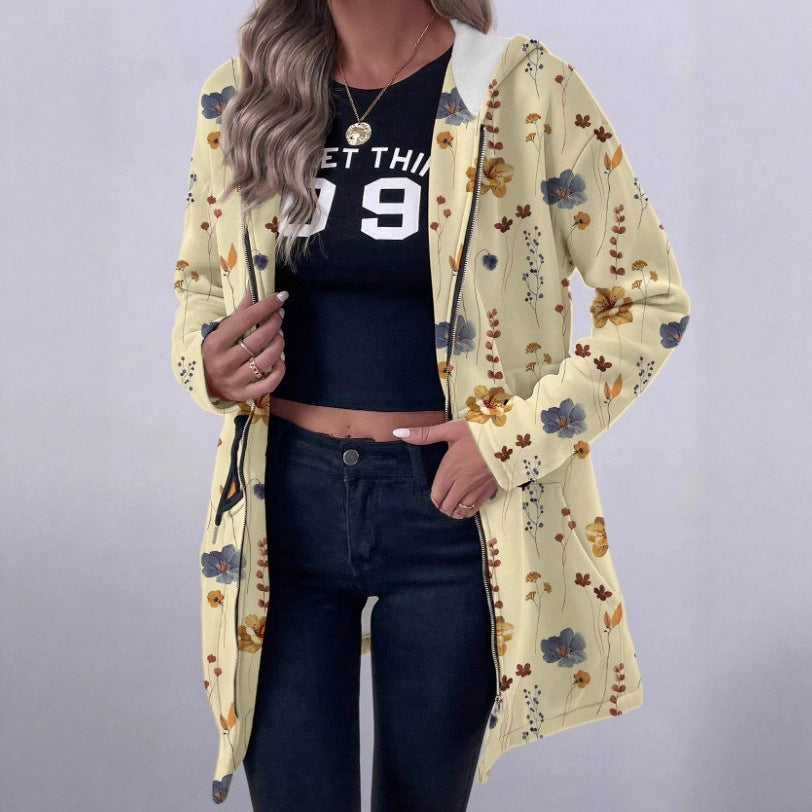 Mid-length Zipper Printed Hooded Long Sleeve Coat