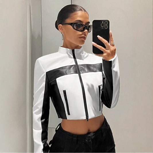 Women's Black & White Contrast Leather Jacket