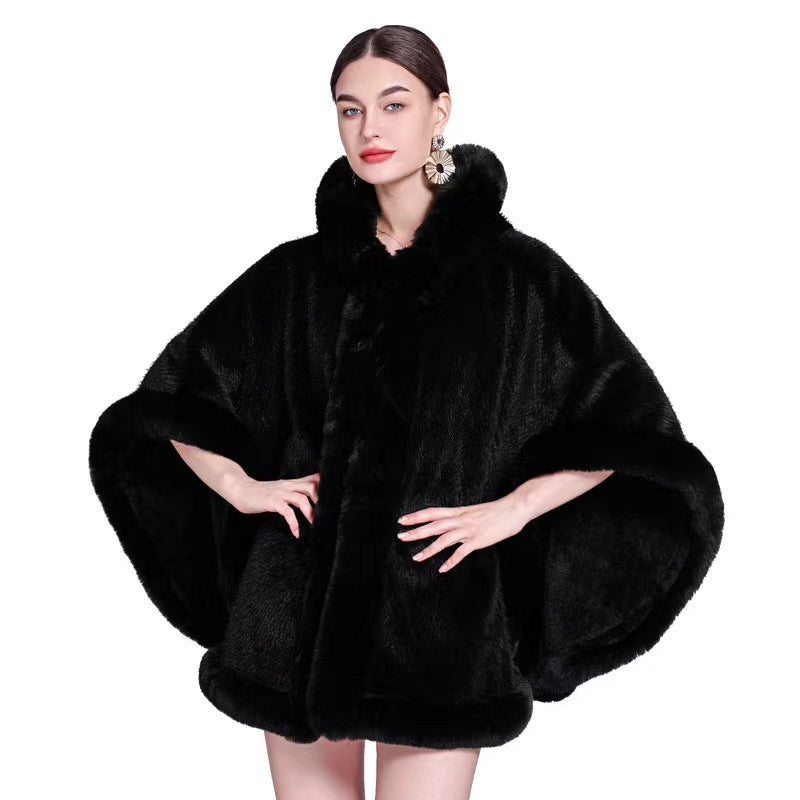 Fleece-Lined Cloak Shawl with Faux Fur Collar