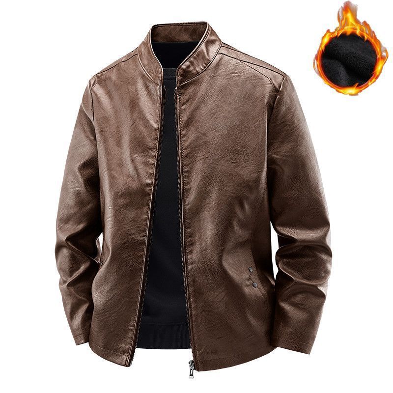 Men's Motorcycle Leather Coat Spring And Autumn Solid Color Stand Collar