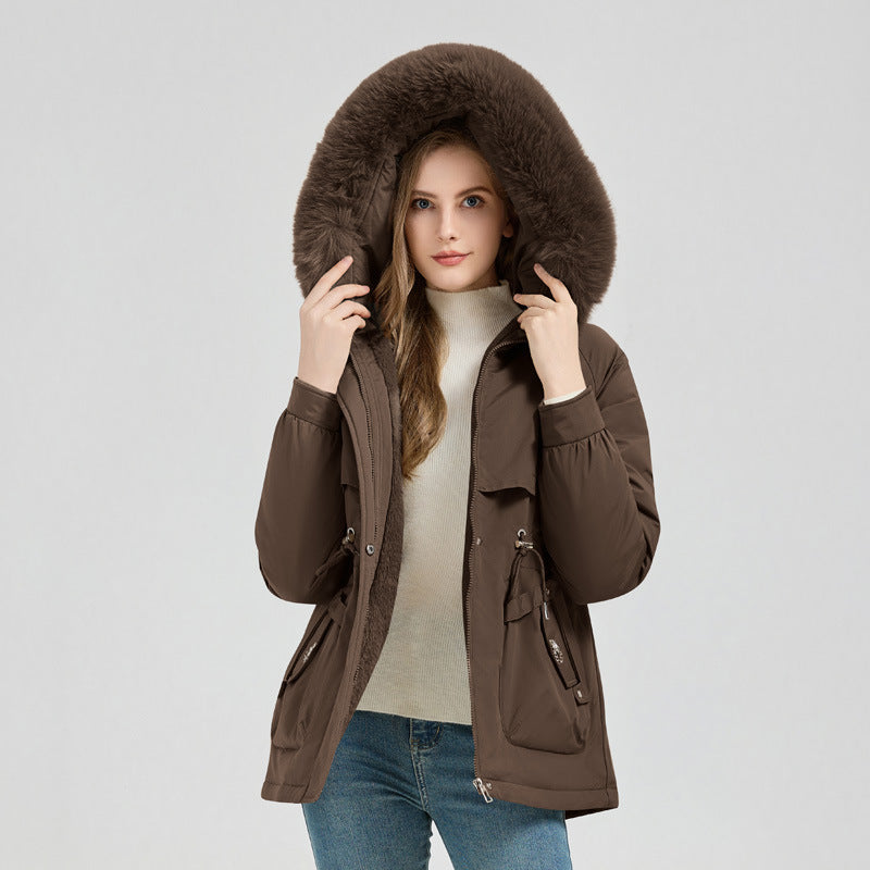 Women's Short Hooded Coat with Big Fur Collar