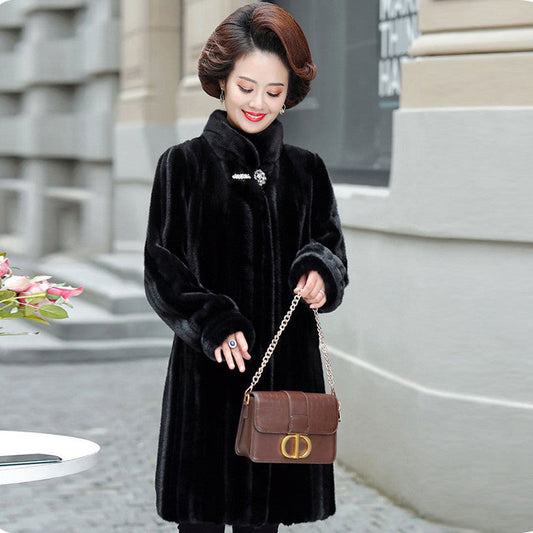 Women's Warm Long Faux Mink & Leather Jacket