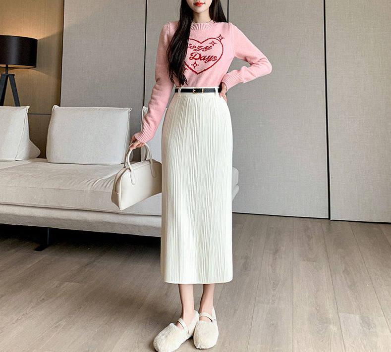 Knitted Sheath Straight Skirt with French Stripe Slit
