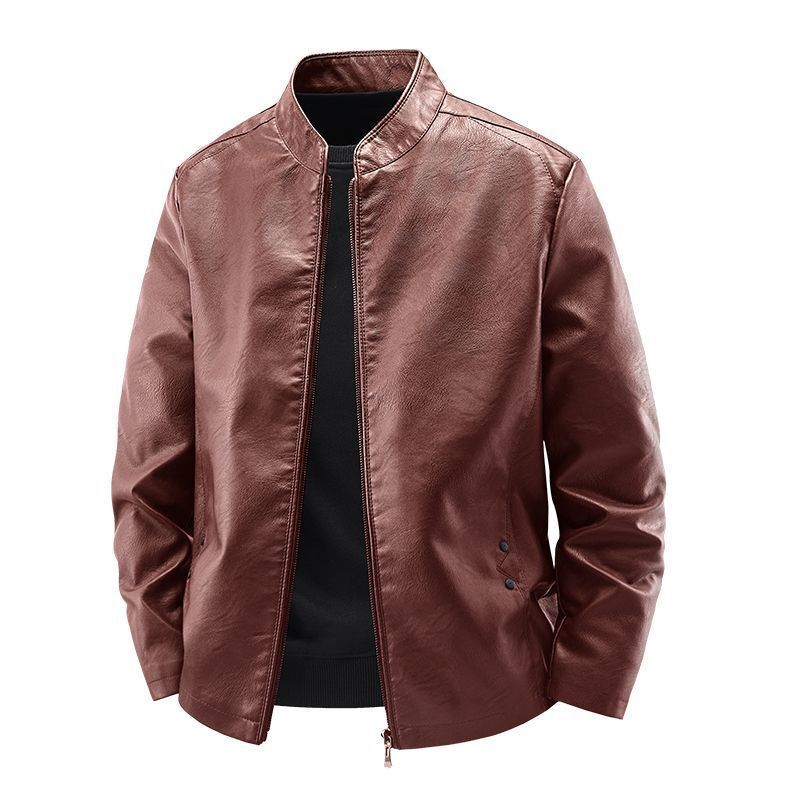 Men's Motorcycle Leather Coat Spring And Autumn Solid Color Stand Collar