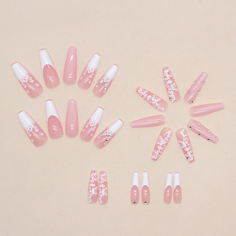 Luxury Long Ballerina Fake Nails: French & Rhinestone
