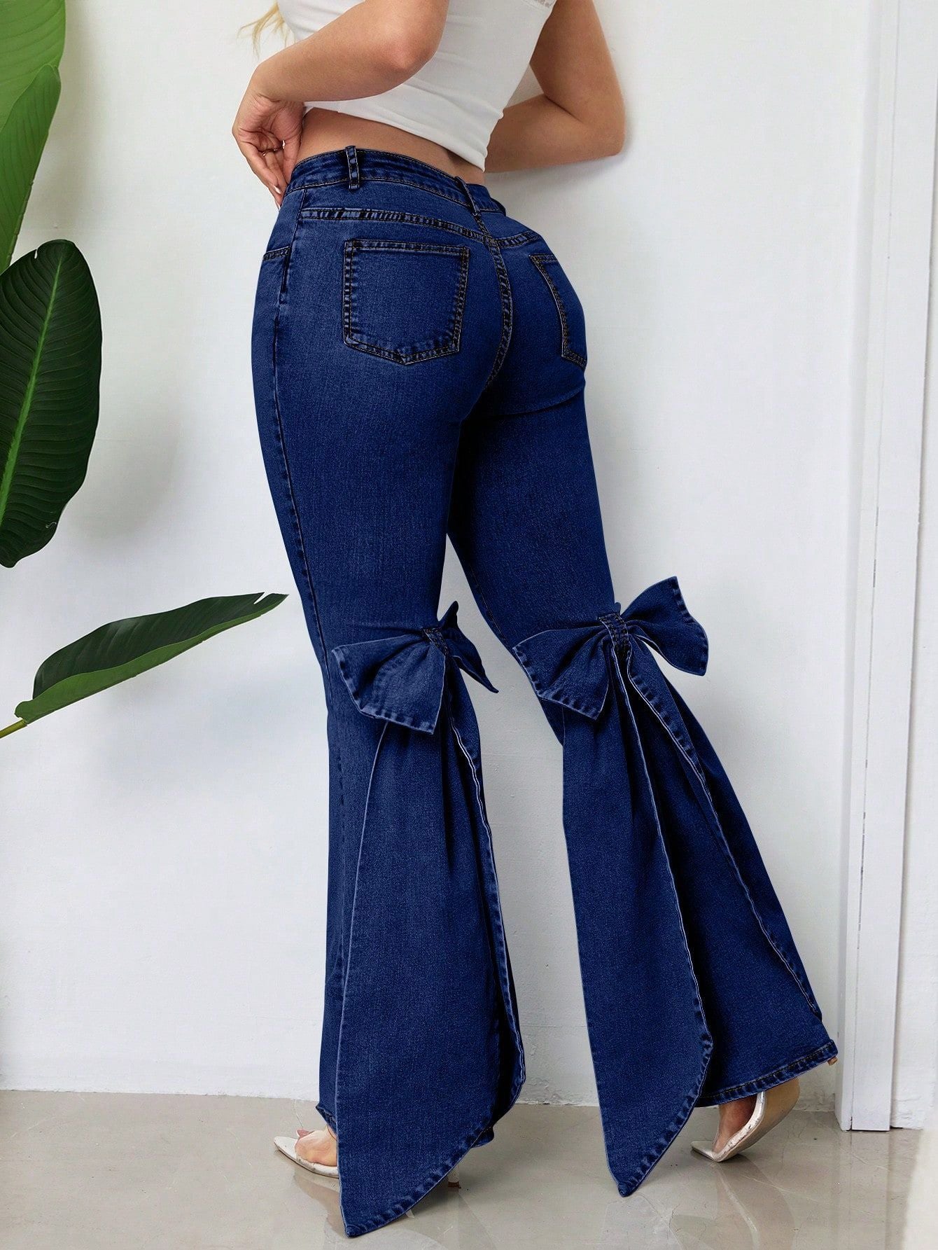 European And American Retro Three-dimensional Bow Slim-fit Mid-stretch Mop Horn Denim Trousers