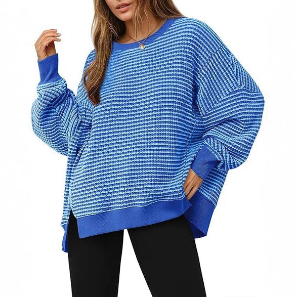 Waffle Knit Crewneck Split Pullover Sweater