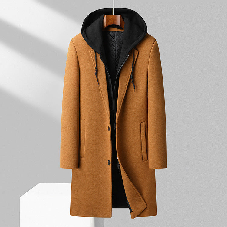 Premium Wool Blend Mid-Length Coat | Men's Detachable Hood Urban Topcoat